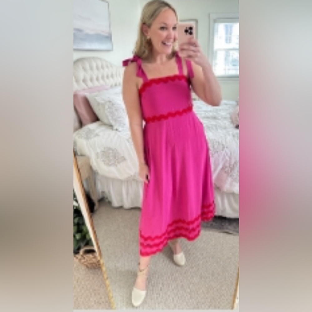 (A3) Theenkoln Pink Ric Rac Scallop Maxi Dress NWOT Size Medium Boho Summer Chic - Picture 9 of 9
